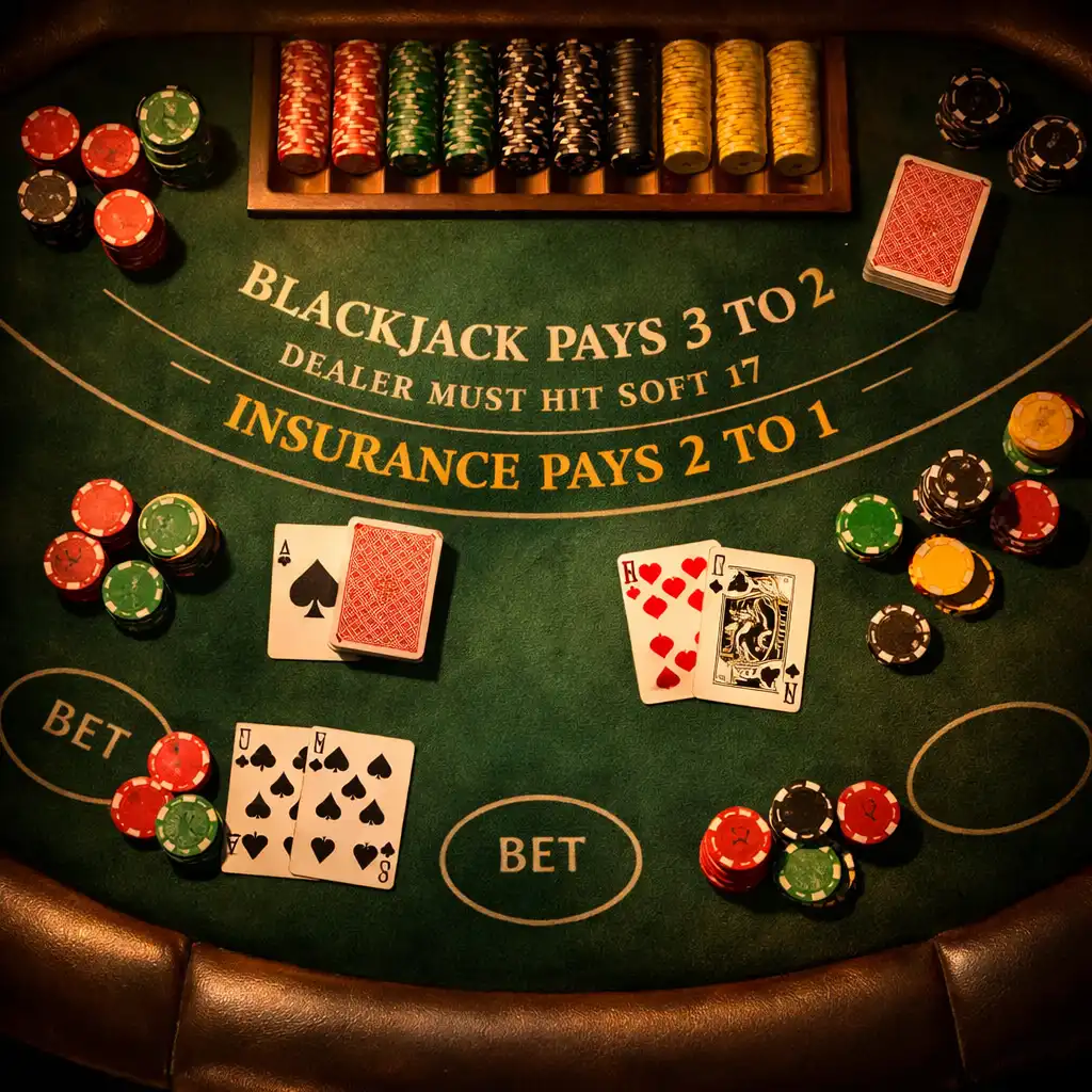Stół do blackjacka z kartami i żetonami w ciemnym, eleganckim wnętrzu