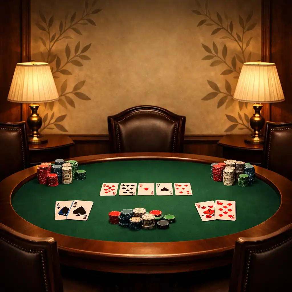 Stół pokerowy z zielonym suknem, kartami i żetonami w Olive and Table