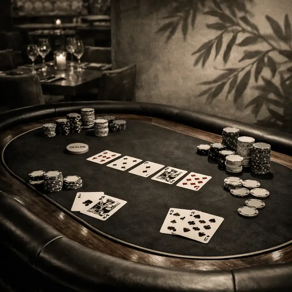 Elegancki stół pokerowy z kartami i żetonami w restauracji, w tle botaniczne cienie liści oliwnych