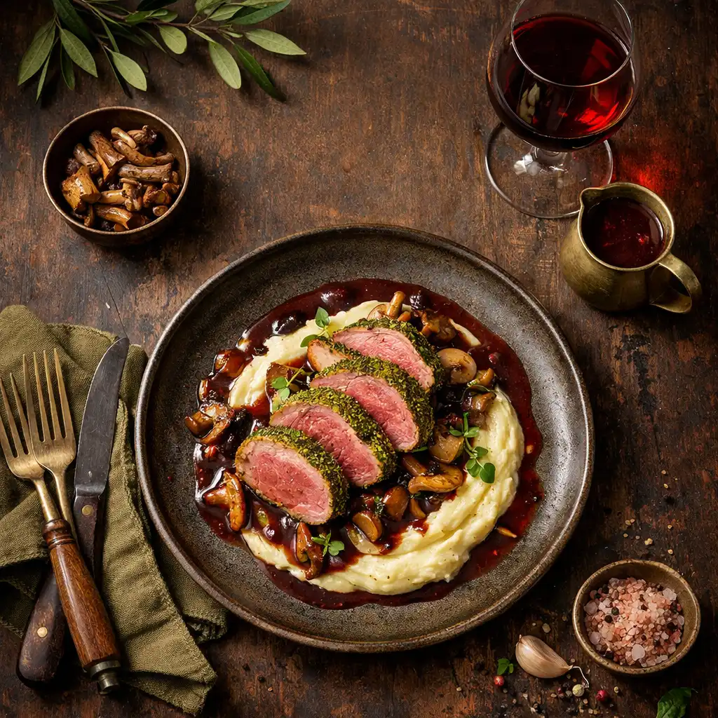 Polędwica jagnięca w ziołowej panierce podana na kremowym puree z selera z sosem z czerwonego wina i grzybów, na ciemnym rustykalnym stole z cieniami liści oliwnych
