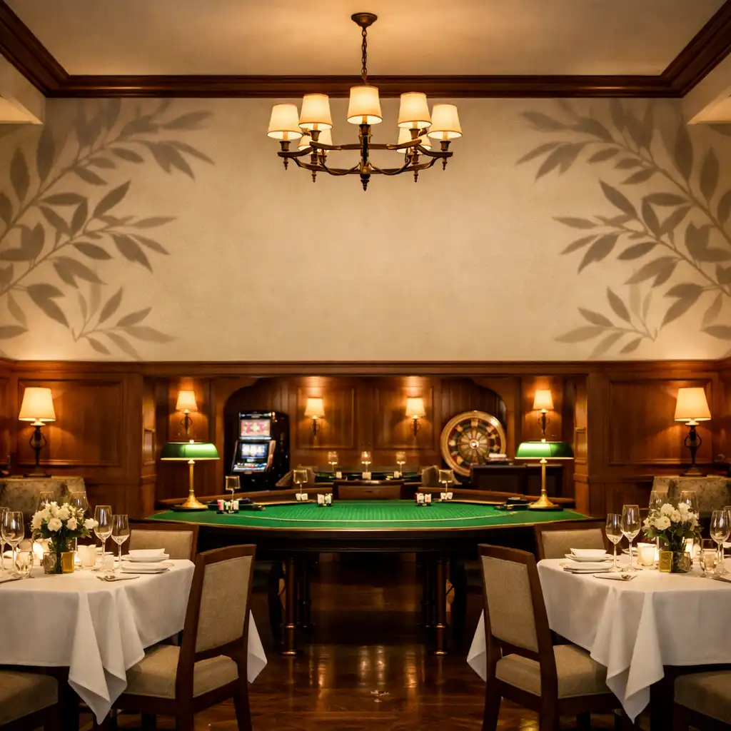 Eleganckie wnętrze restauracji Olive and Table z botanicznymi cieniami liści oliwnych na ścianach