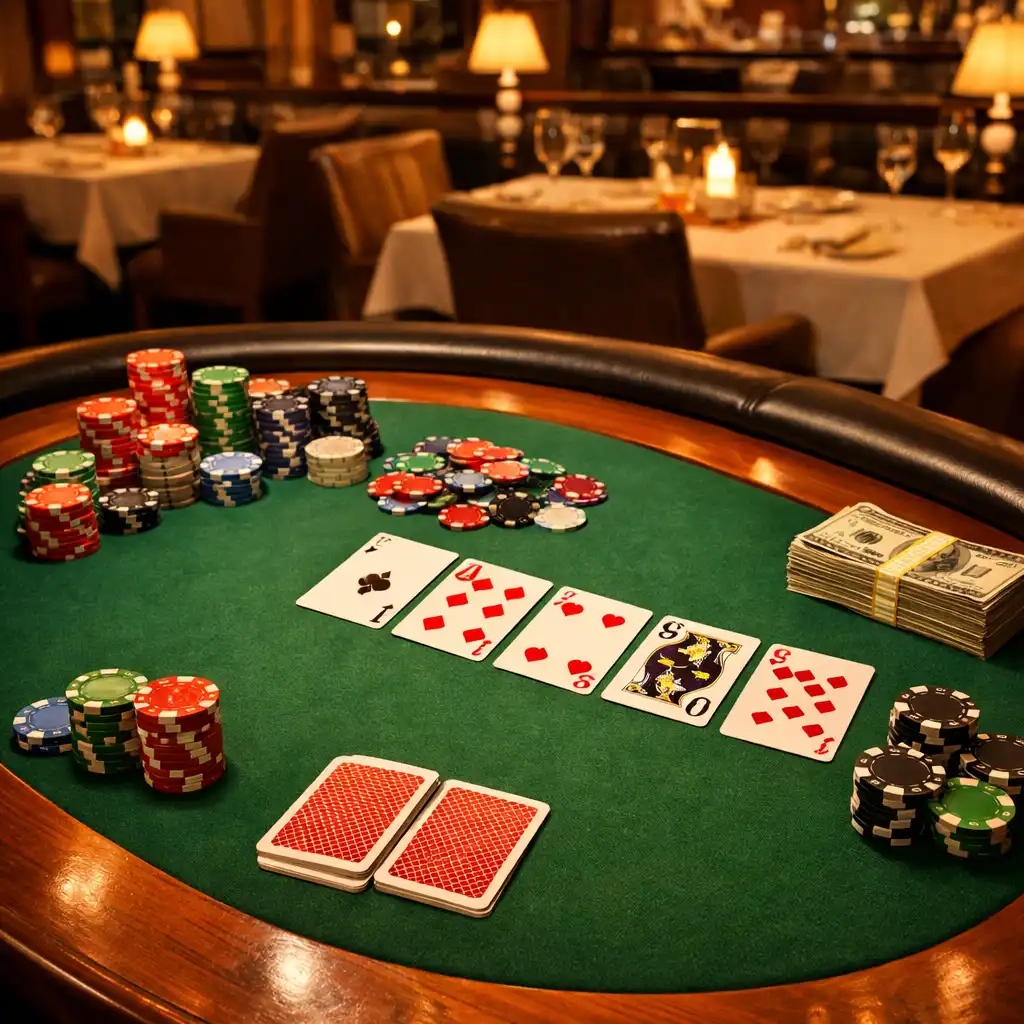 Stół pokerowy z zielonym suknem, kartami i żetonami w eleganckim wnętrzu