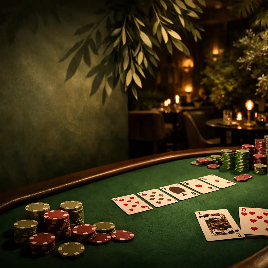 Elegancki stół pokerowy w ciemnym, botanicznym wnętrzu restauracji Olive and Table