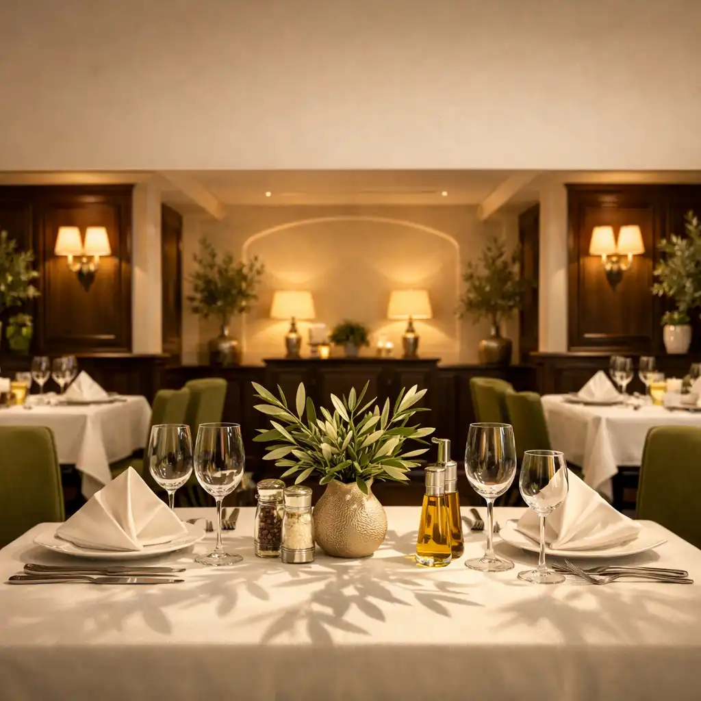 Eleganckie wnętrze restauracji Olive and Table z cieniami liści oliwnych na ścianach i nakrytym stołem
