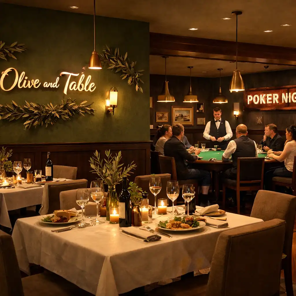 Wnętrze restauracji Olive and Table podczas wieczoru pokerowego