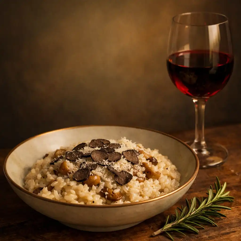 Kremowe risotto z borowikami i truflą w eleganckiej misce, posypane parmezanem i płatkami trufli