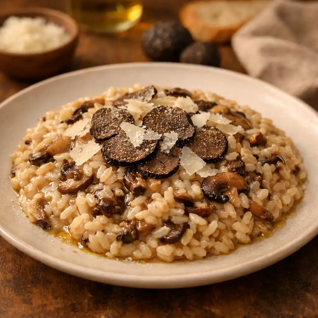 Kremowe risotto z grzybami i truflą, z płatkami trufli i parmezanem