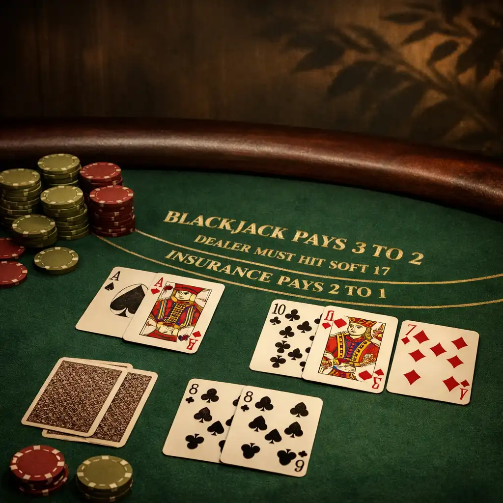 Stół do blackjacka z zielonym suknem, kartami i żetonami w eleganckim wnętrzu