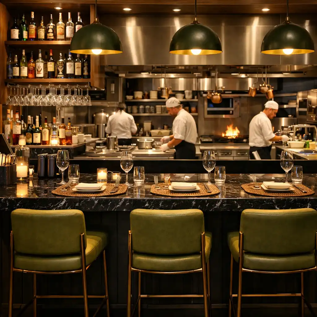 Bar restauracyjny z drewnianym blatem, butelkami i subtelnym oświetleniem