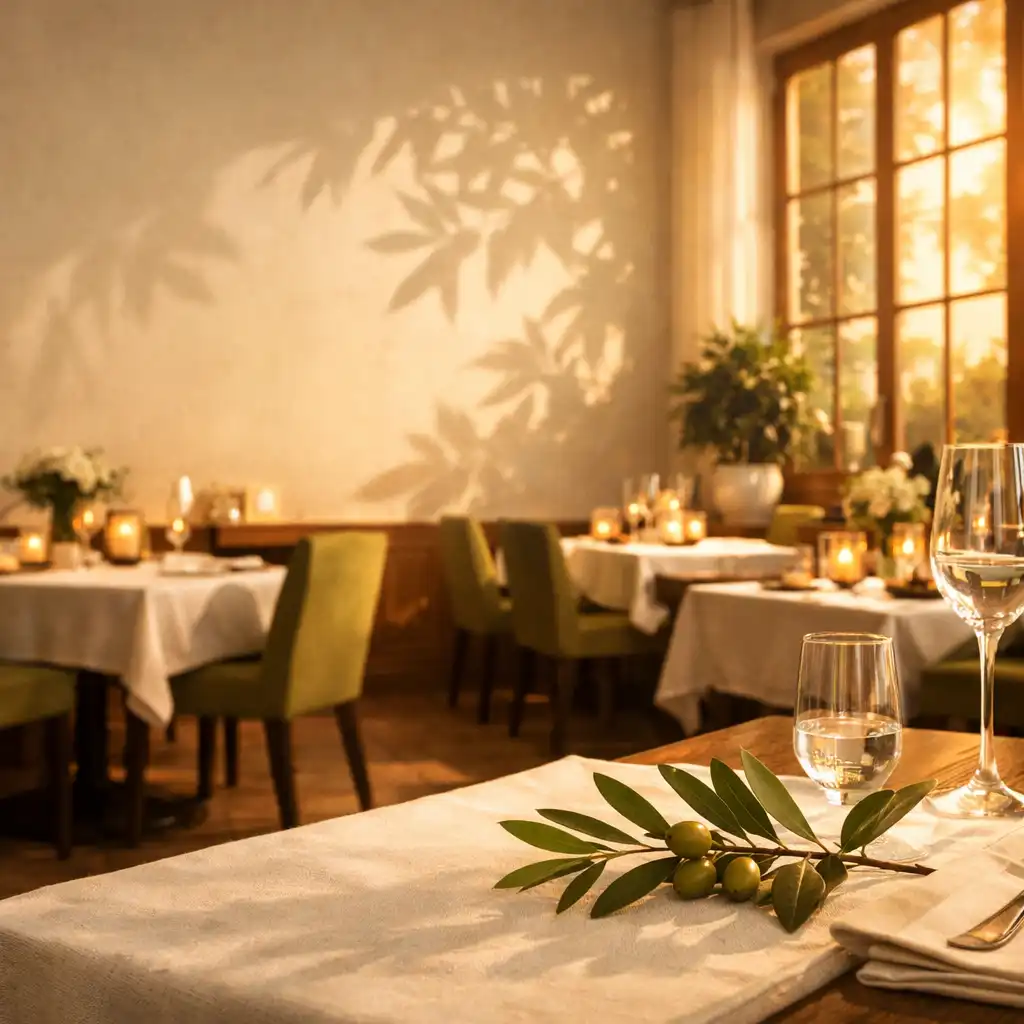 Elegancka sala restauracyjna Olive and Table z cieniami liści oliwnych na ścianach i ciepłym wieczornym światłem