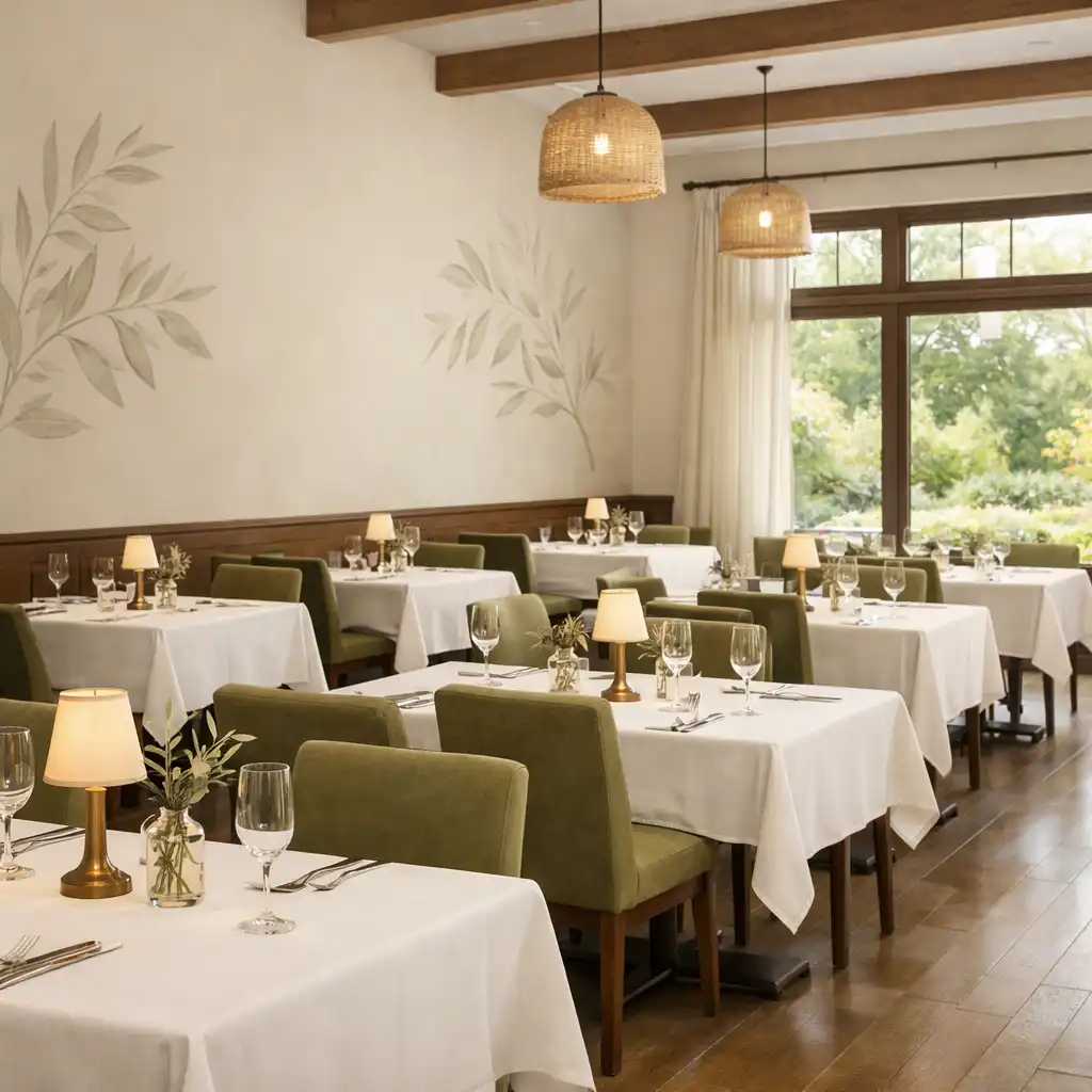 Główna sala jadalna Olive and Table z rzędami stołów, oliwkowymi krzesłami i dużymi oknami