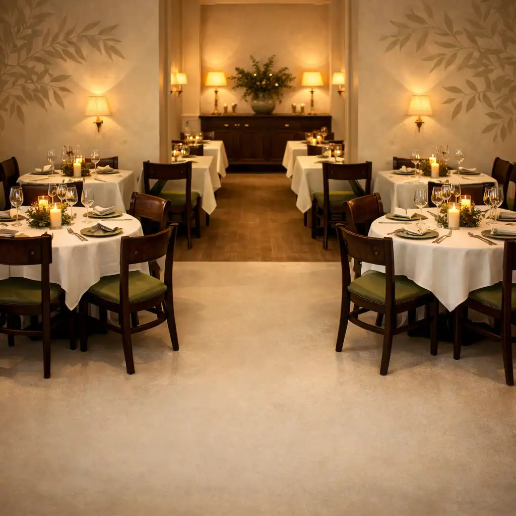Wnętrze restauracji Olive and Table z nakrytymi stołami i zielonymi akcentami