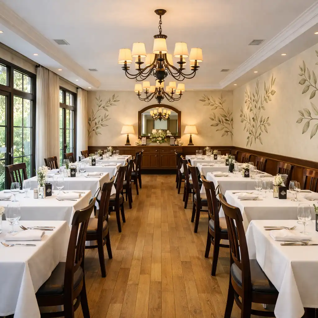 Główna sala restauracji z dużymi oknami i nakrytymi stołami