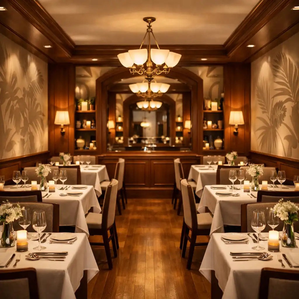 Sala restauracyjna z botanicznymi cieniami liści na ścianach i eleganckimi stolikami