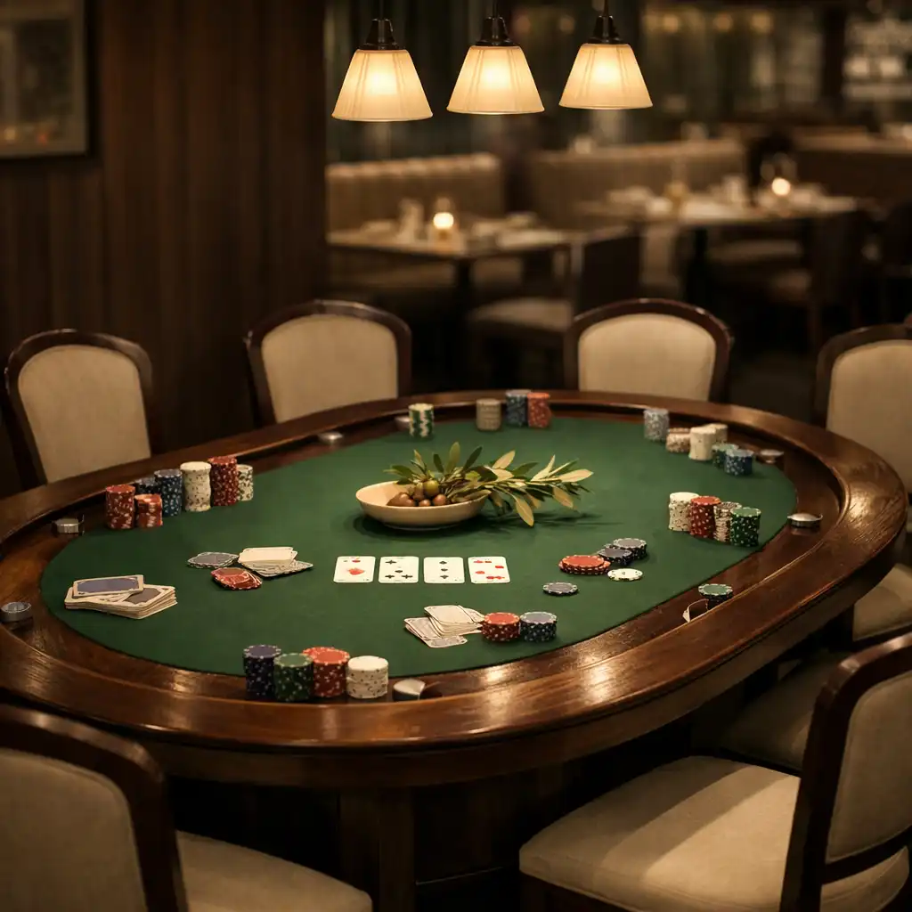 Stół do pokera z ciemnego drewna i zielonym suknem w wydzielonej strefie Casino Nights